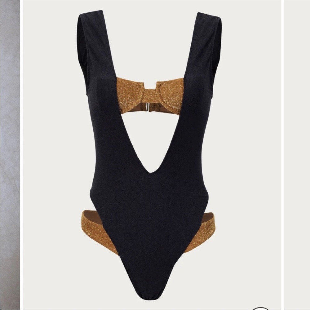 SAME Swim V DOUBLE LAYER ONE PIECE (FAUX SUEDE BLACK/MOCHA SHIMMER LUREX) NWT